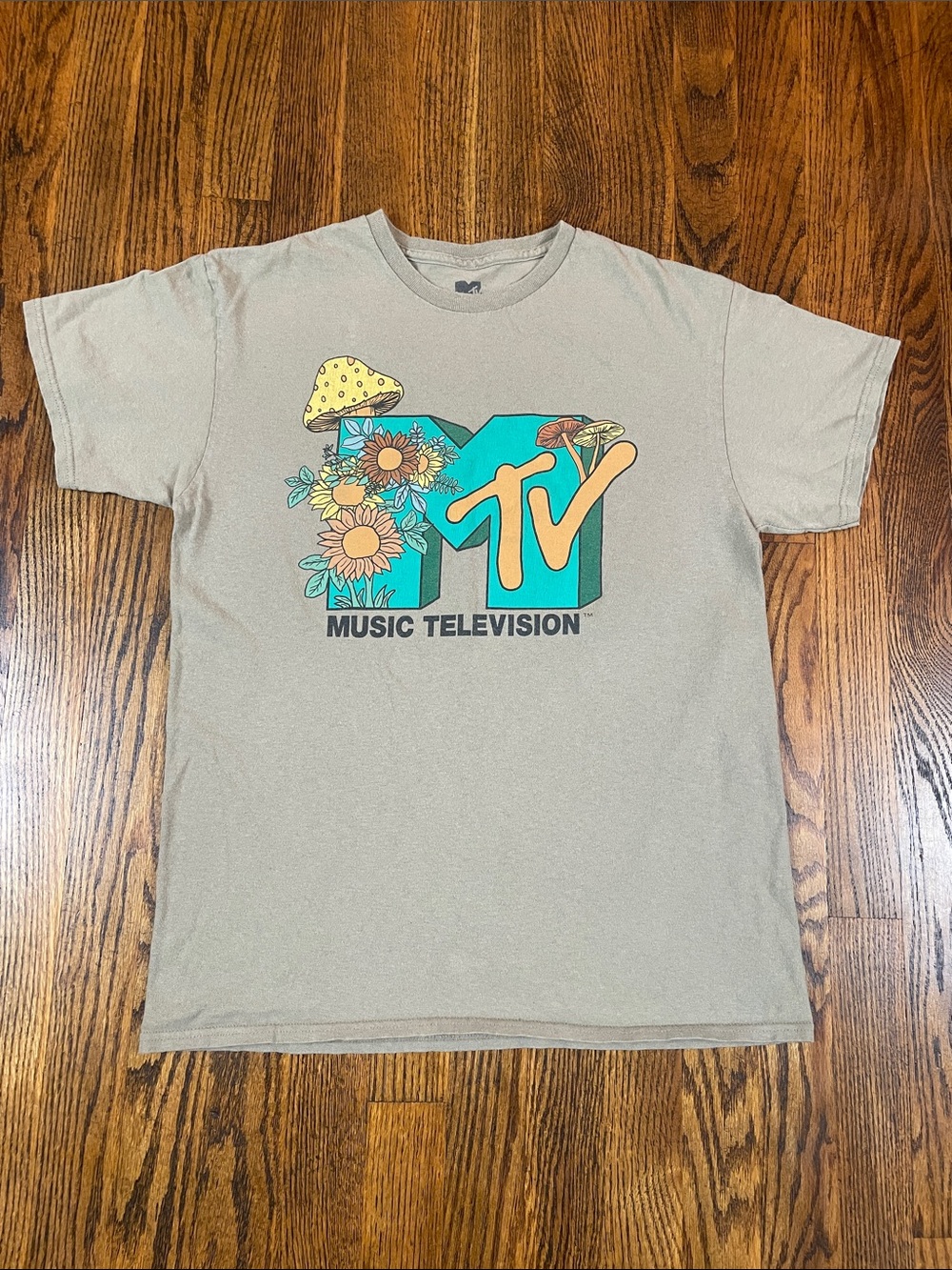 MTV Floral Mushroom Logo Short Sleeve Tee in Tan and Teal